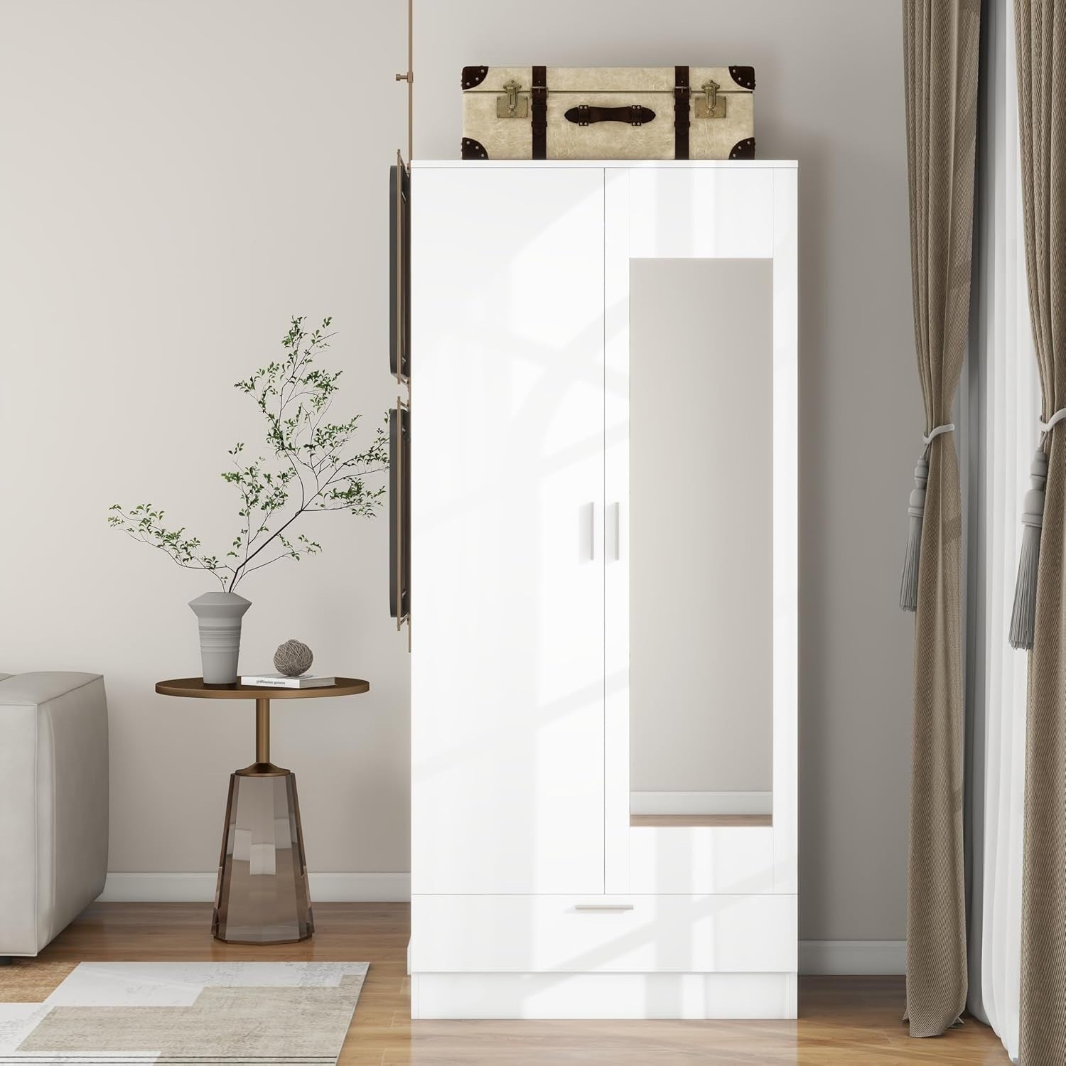 White Mirrored 2-Door Wardrobe with Drawer | Compact Bedroom Storage