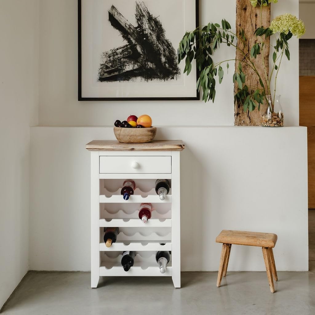White Wine Rack Side Cabinet with Drawer | Holds 16 Bottles | Solid Wood Console