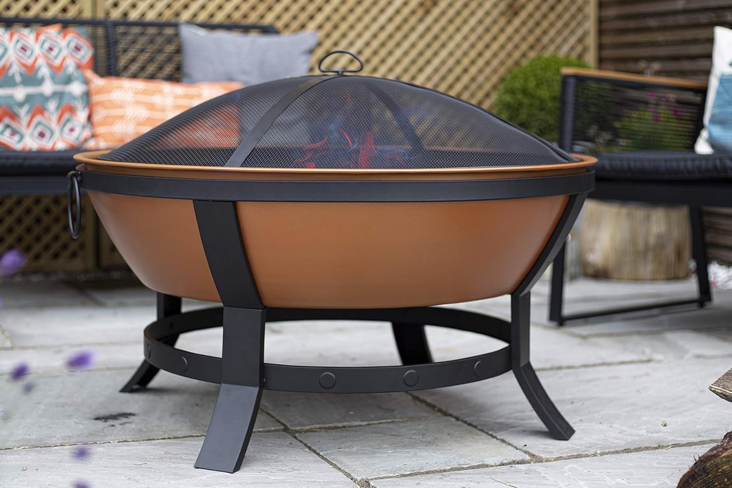 Large Copper Effect Fire Pit with Protective Mesh Lid | Outdoor Garden Heater