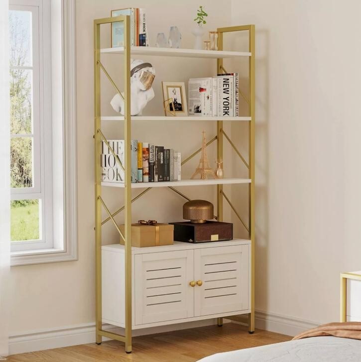 Modern 5 Tier Bookcase Storage Unit Display Rack with Cabinet Gold Frame