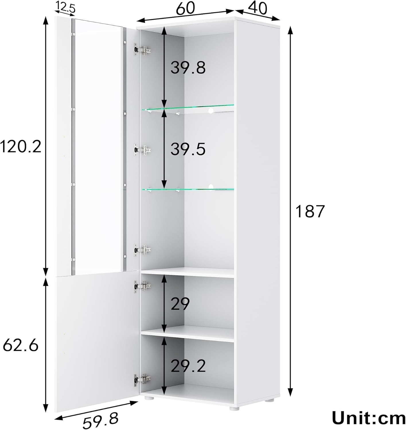 Tall LED Display Cabinet in White High Gloss with Glass Shelves 187cm