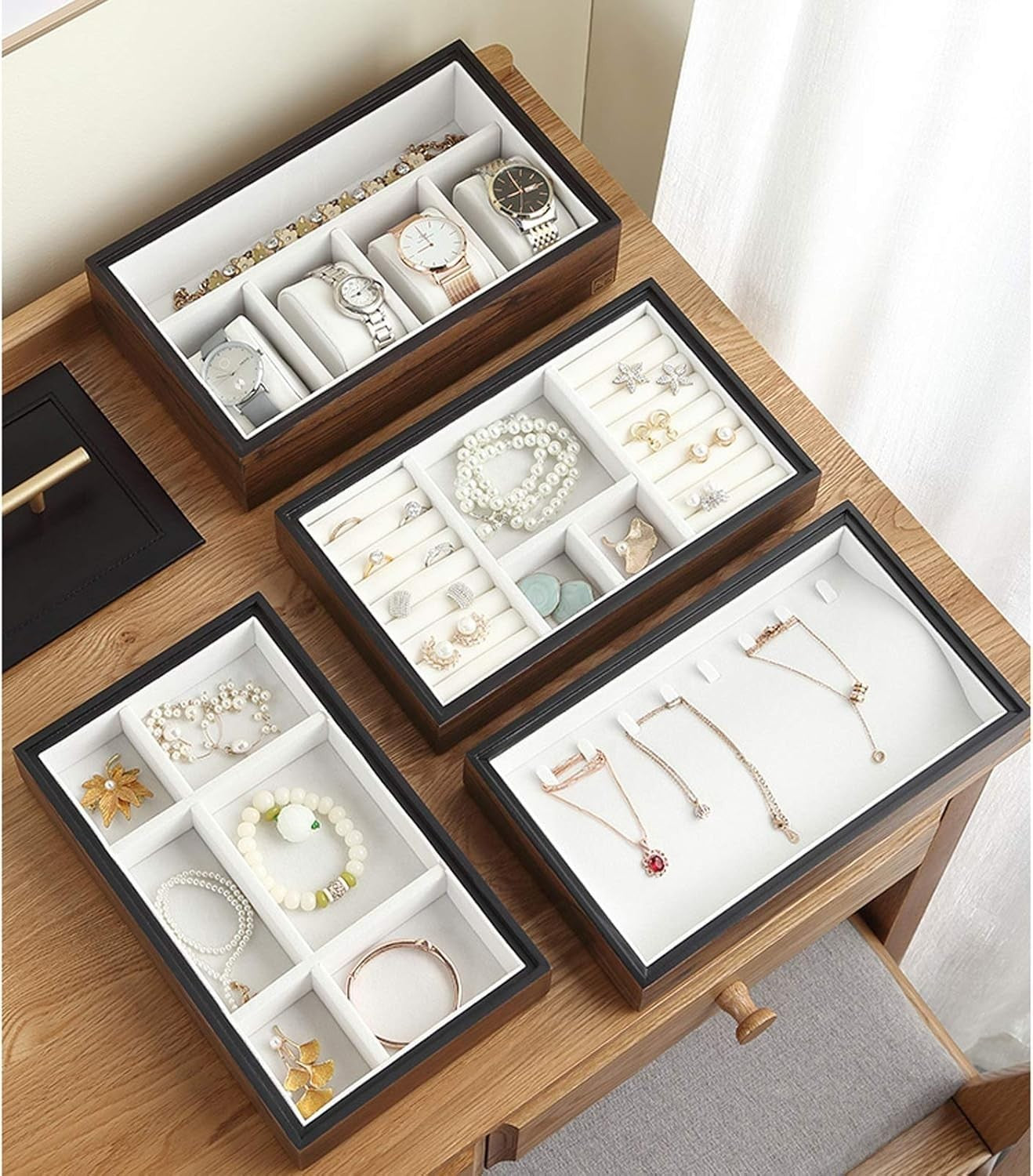 Solid Walnut Jewelry Box 4 Layer Wooden Organizer Rings Necklaces Gift Case