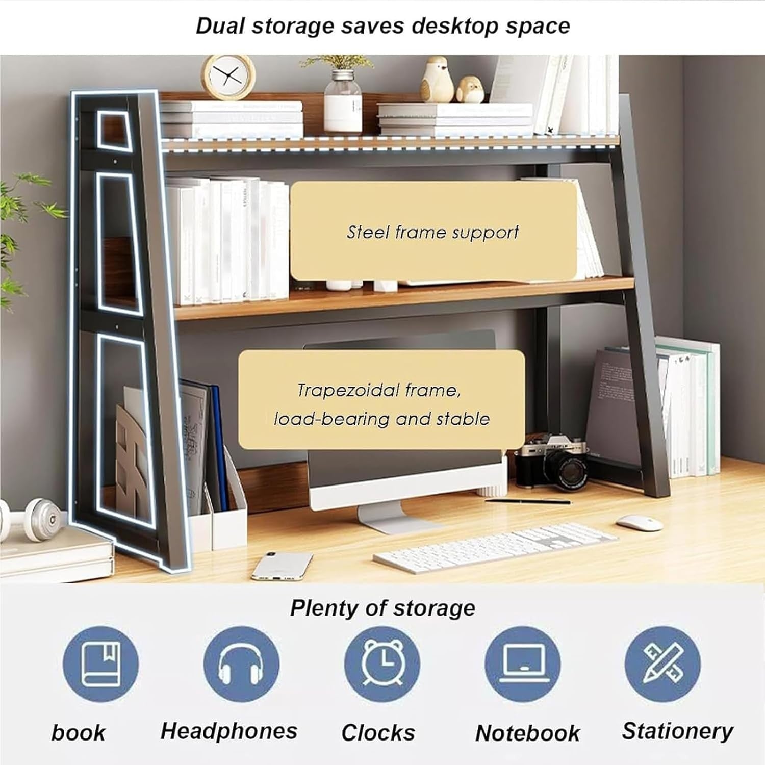 2-Tier Desktop Hutch Shelf Metal/MDF Storage Rack Organizer 75cm for Home Office