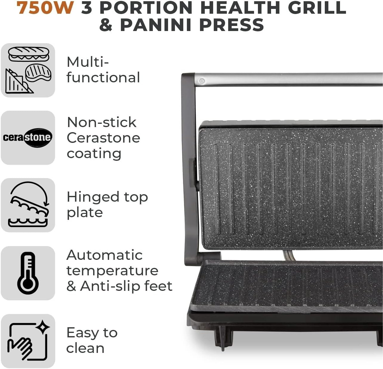 Health Grill & Panini Press 750W Non-Stick Cerastone Plates Black Stainless