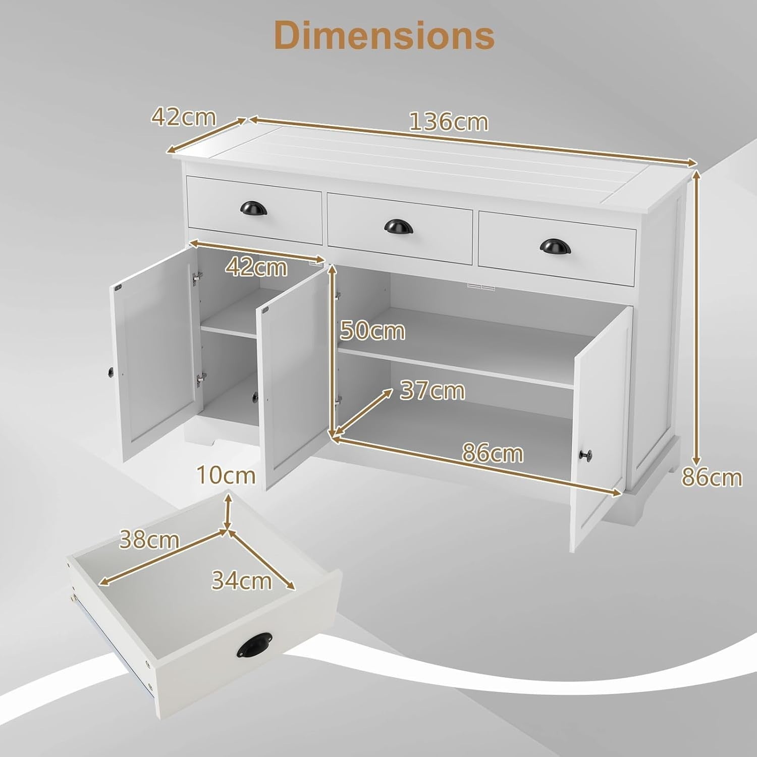 White Sideboard Storage Cabinet with Drawers & Adjustable Shelves Unit