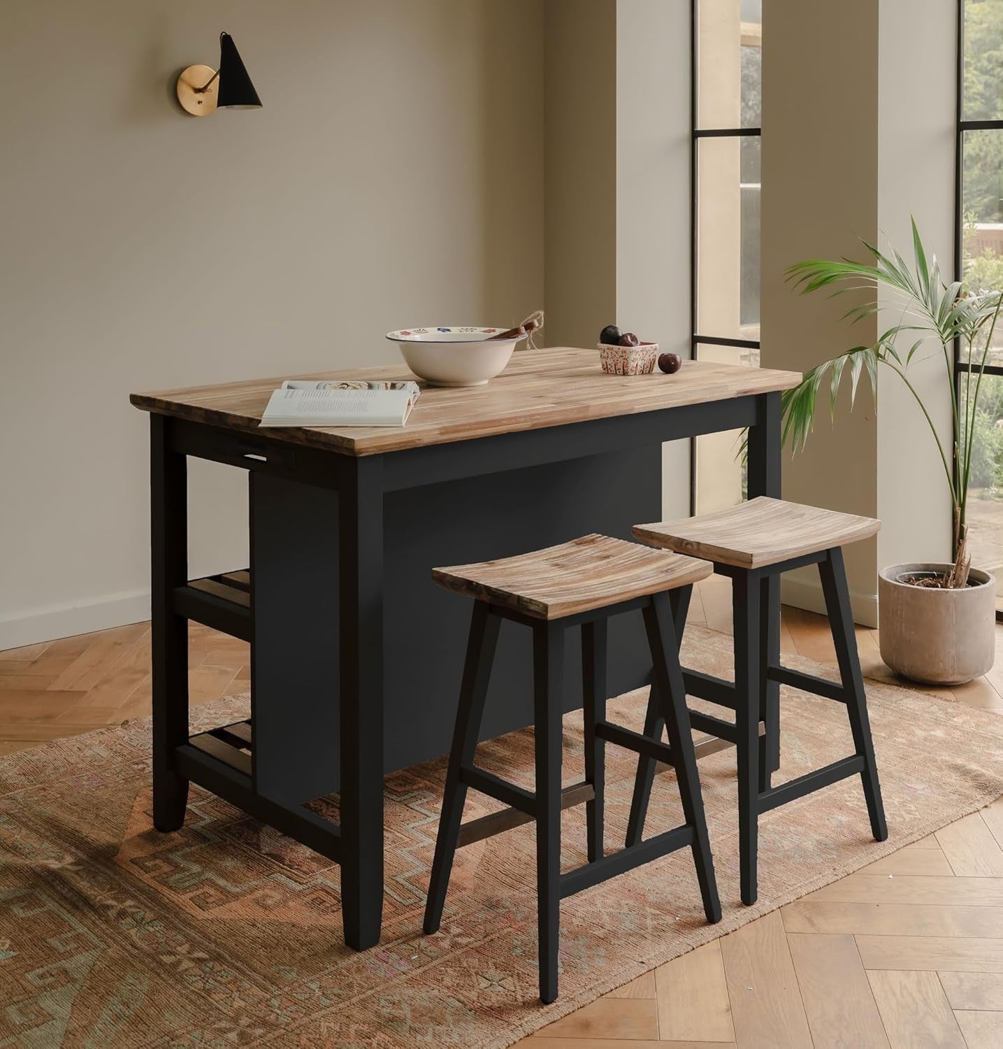 Breakfast Bar with Acacia Wood Top Storage Shelves Kitchen Island Navy Blue