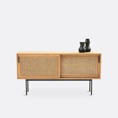 Modern Oak & Rattan Sideboard Cabinet – 160cm Storage Unit with Sliding Doors