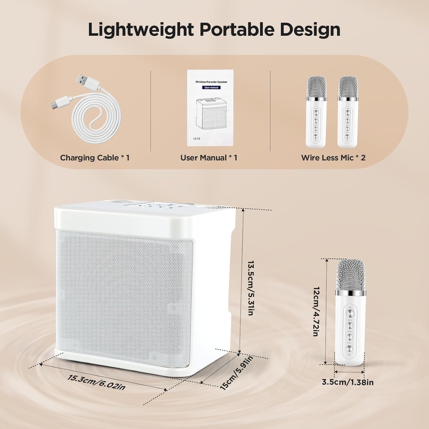 Portable Karaoke Machine 2 Wireless Mics Bluetooth PA System White