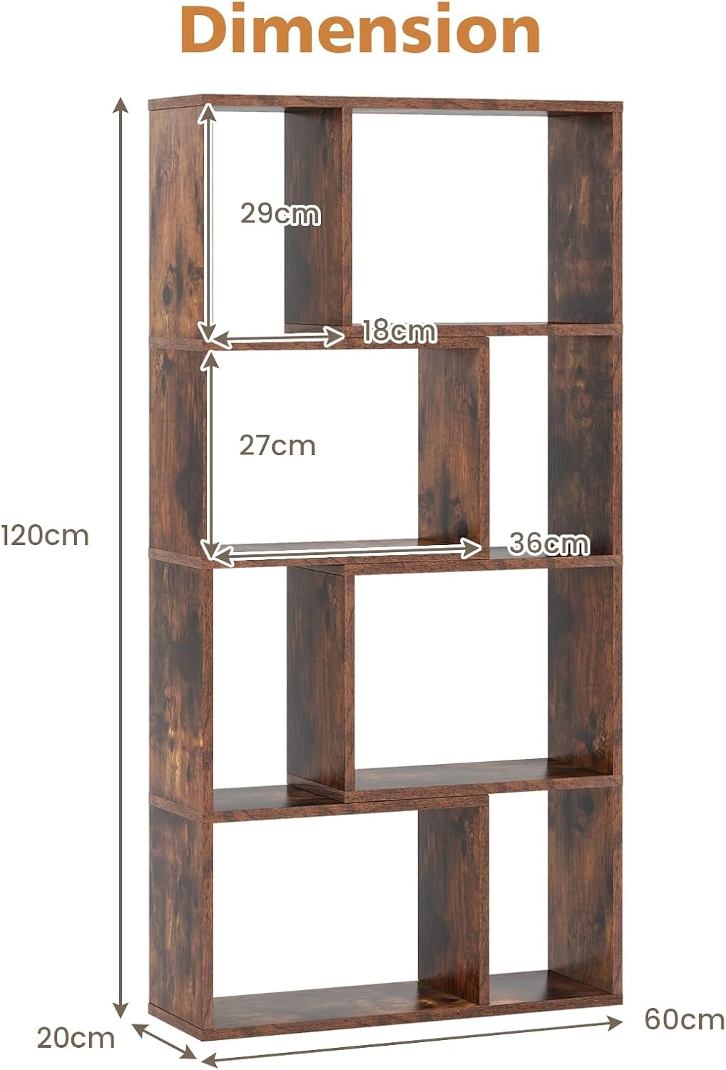 5-Tier Geometric Bookcase Rustic Brown Tall Cube Storage Shelf for Home Office