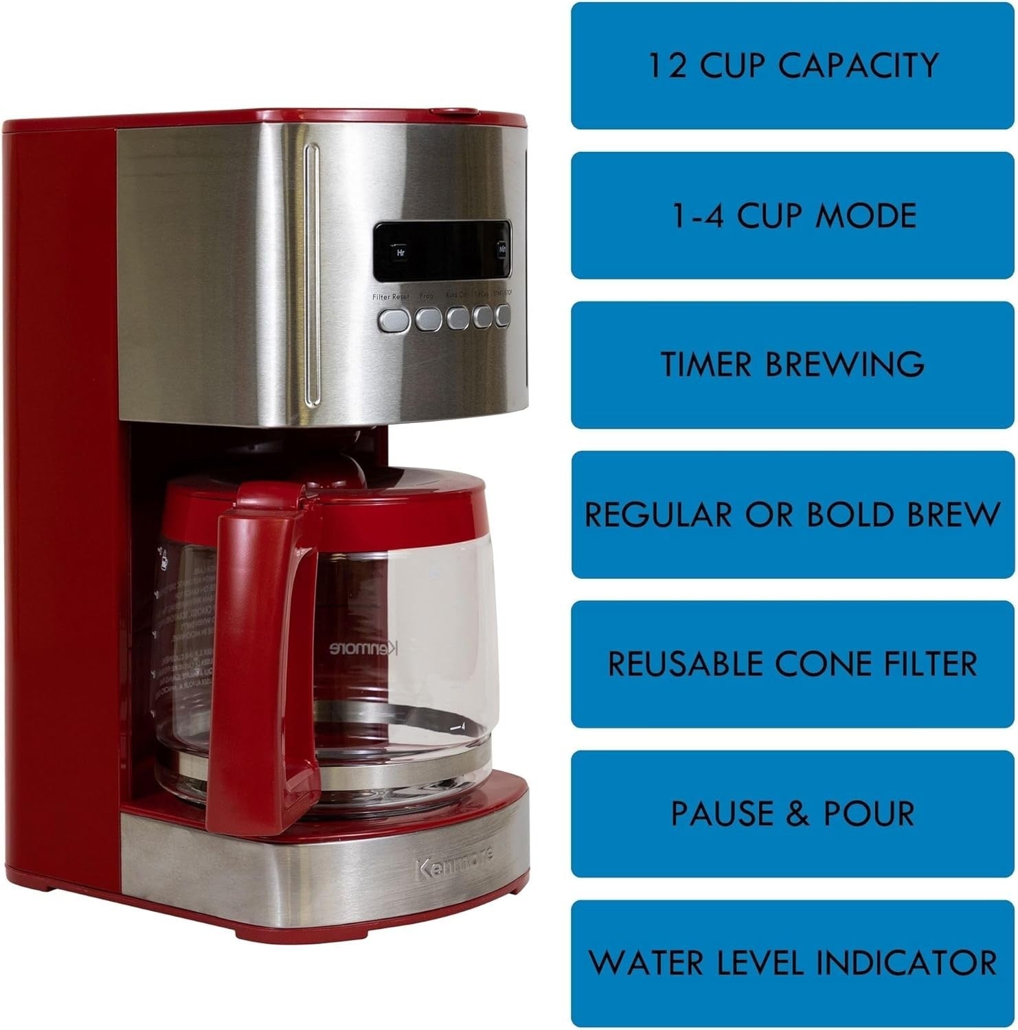12-Cup Filter Coffee Maker 1.8L Programmable Timer Auto Shut-Off Red