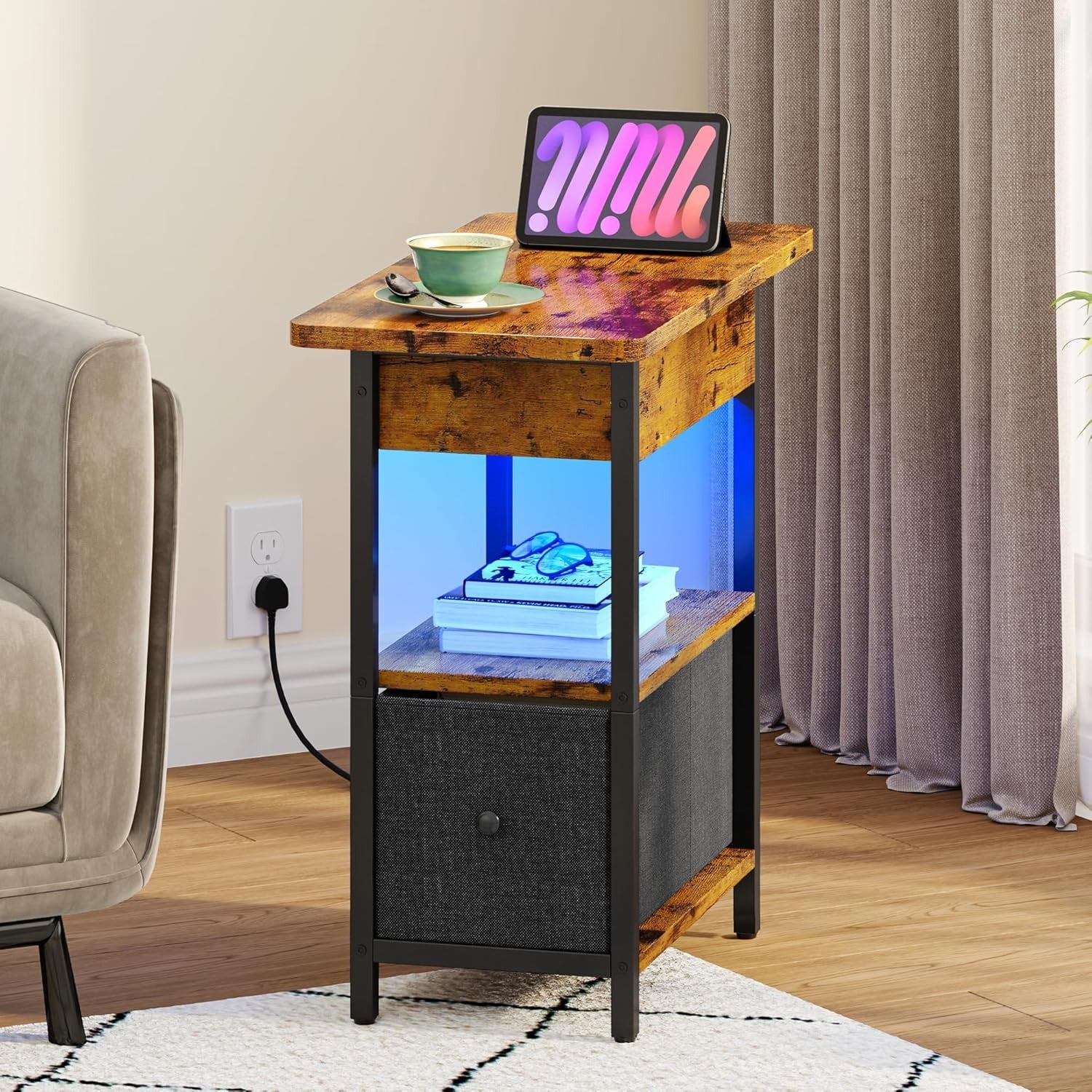 Slim Side Table with Charging Station, LED Shelf, Storage Drawer, Rustic Brown