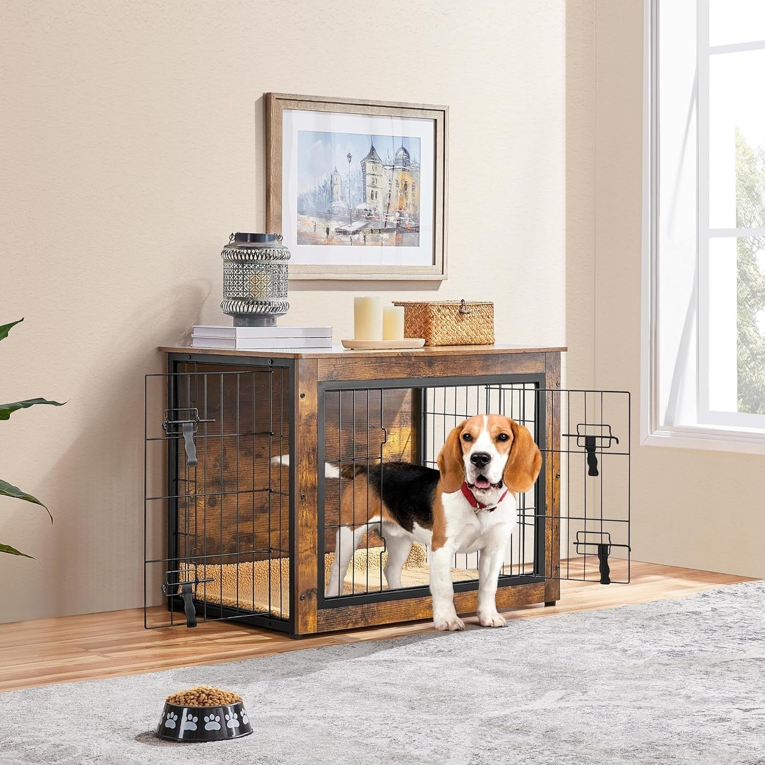 Rustic Brown Medium Dog Crate Furniture with Cushion & Double Doors 80.5x55.5x64