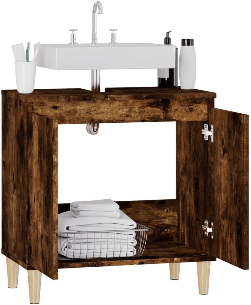 Smoked Oak Under Sink Bathroom Cabinet – Modern Vanity Storage Unit 58x33x60cm