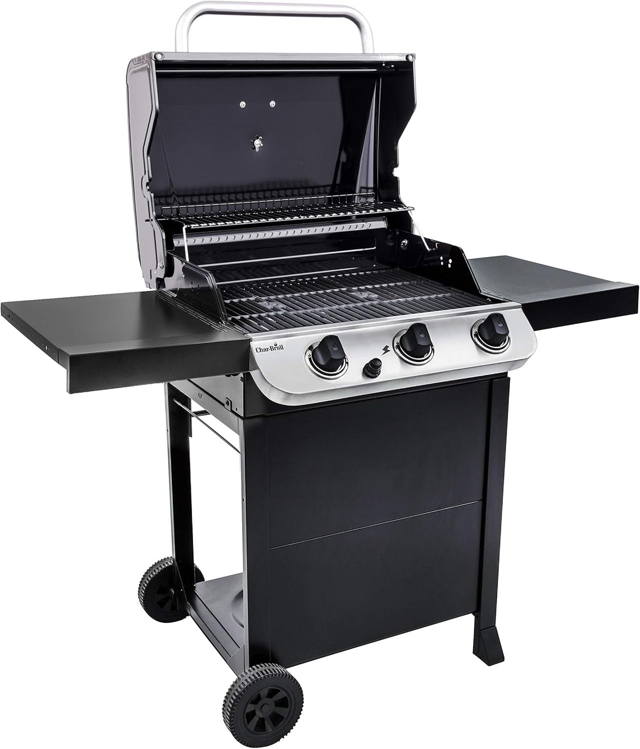 Outdoor Gas BBQ Grill 3 Burner with Side Tables, Cast Iron Grates, Patio Garden
