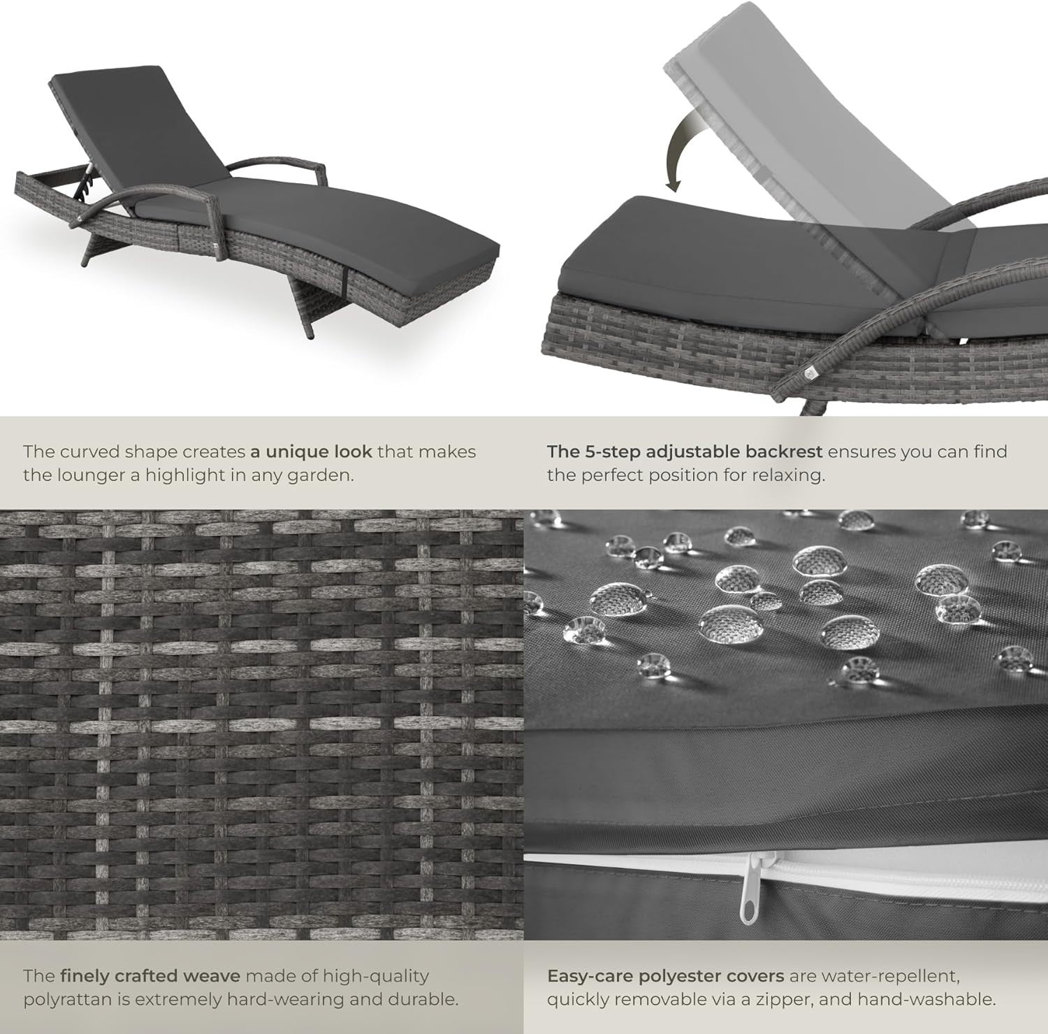 Adjustable 5-Position Rattan Sun Lounger with Cushion, Weatherproof & Lightweigh