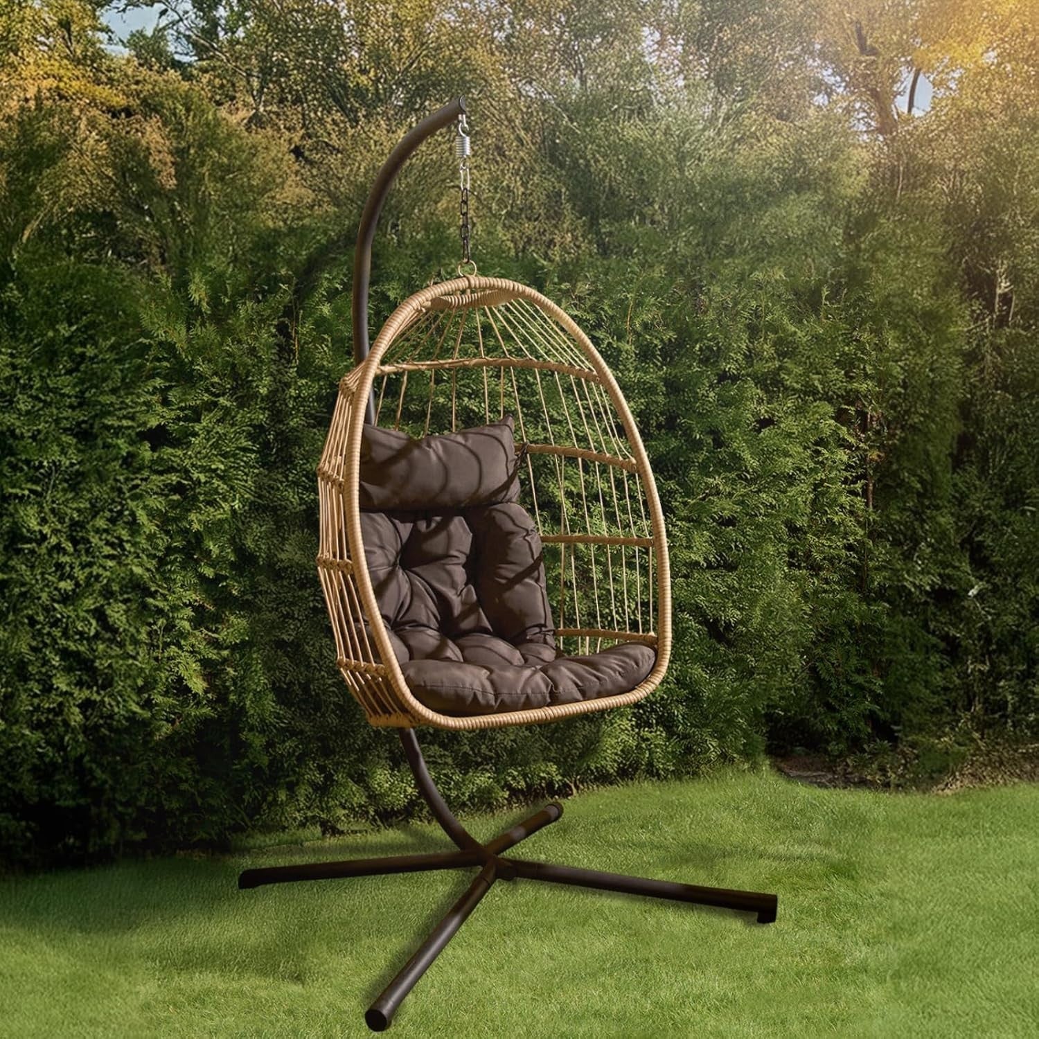 Rattan Hanging Egg Chair with Stand | Outdoor Swing Seat with Cushion