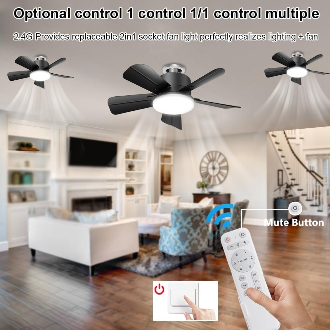Seyxicnor Socket Ceiling Fan with Light, Remote, E27, 6-Speed, Black, LED