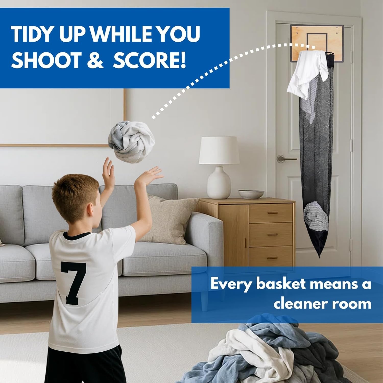 Over-Door Basketball Laundry Hamper with Hoop & Zipper Bottom for Kids Teens Roo