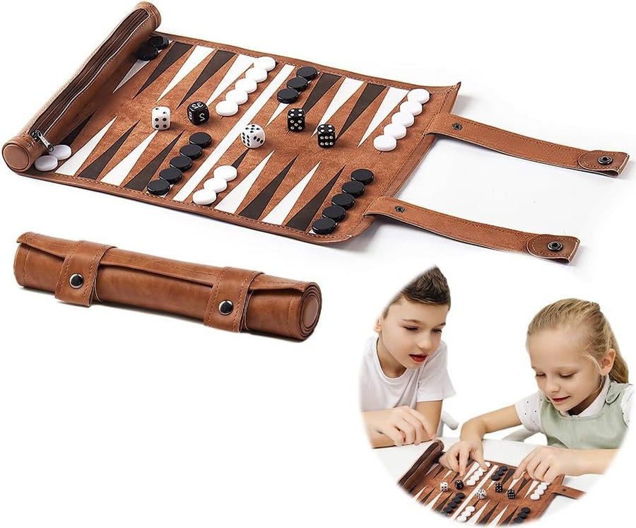 Backgammon Travel Game Set Roll Up Board with Dice Pieces Portable Case