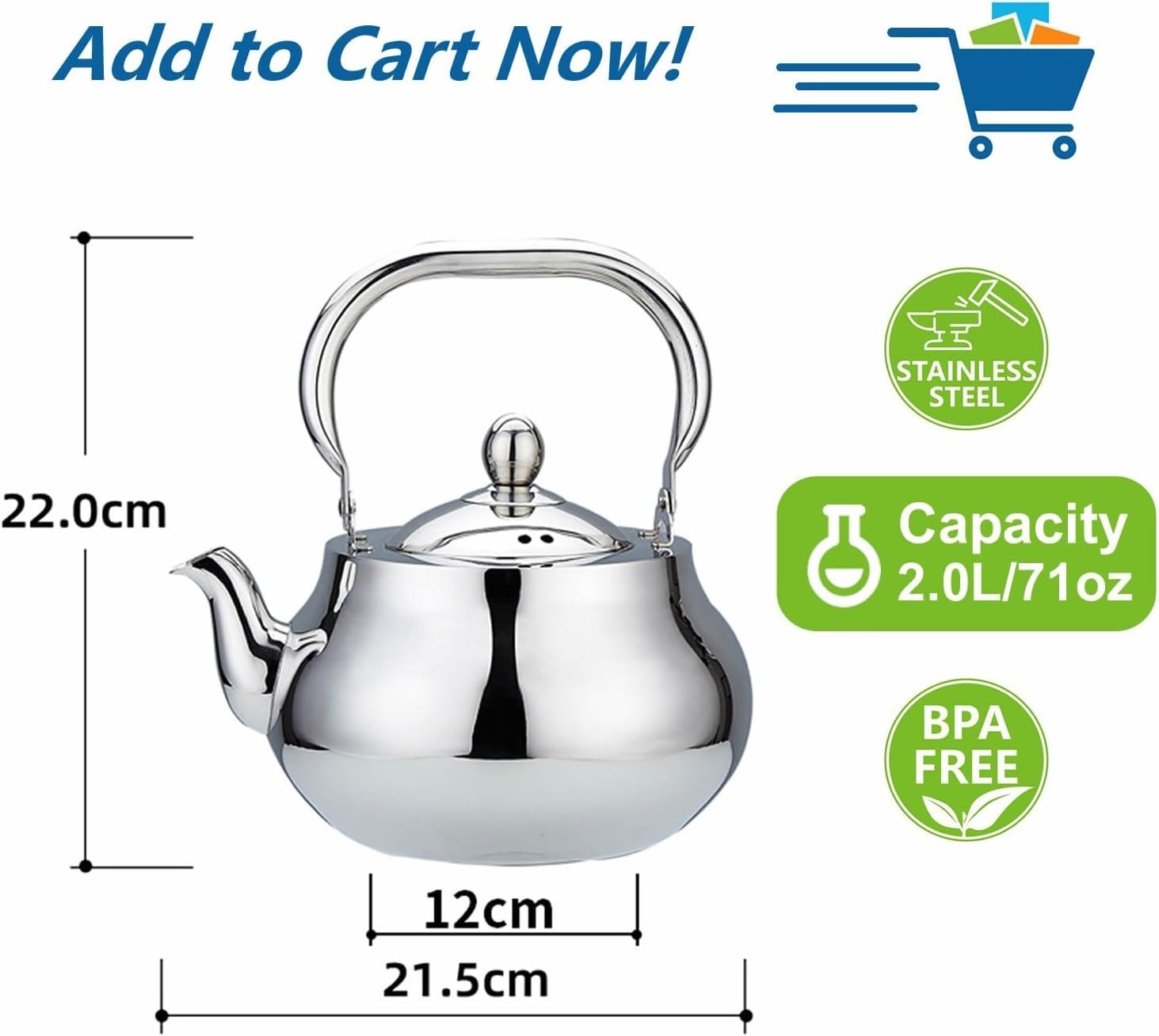 Stainless Steel Teapot 2000ml Tea Pot Infuser Induction Stovetop