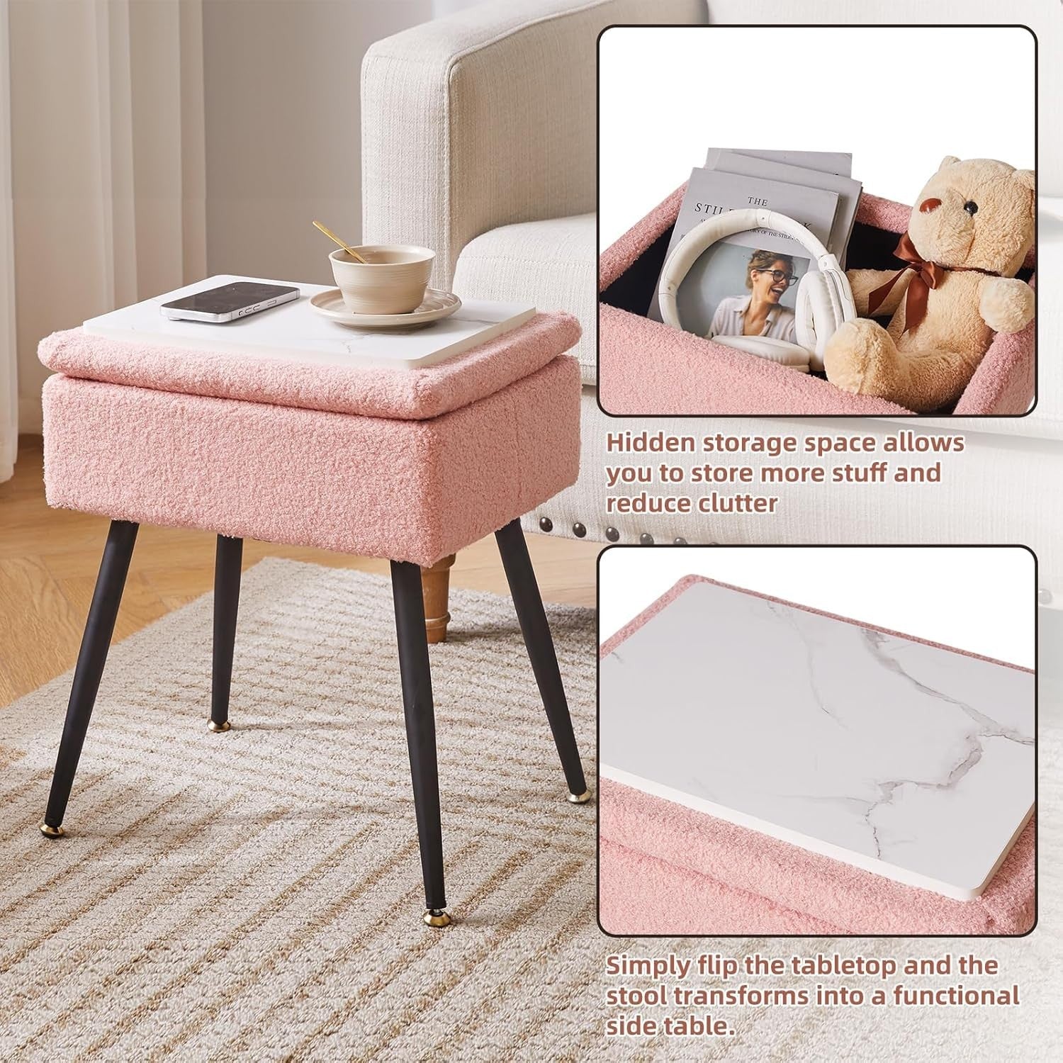 Pink Teddy Fur Vanity Stool with Storage – Soft Ottoman Chair for Bedroom