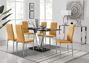 Modern Black Glass Dining Table Set with 6 Mustard Chairs 140x80x75cm
