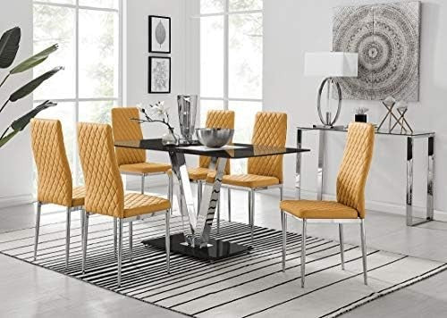 Modern Black Glass Dining Table Set with 6 Mustard Chairs 140x80x75cm