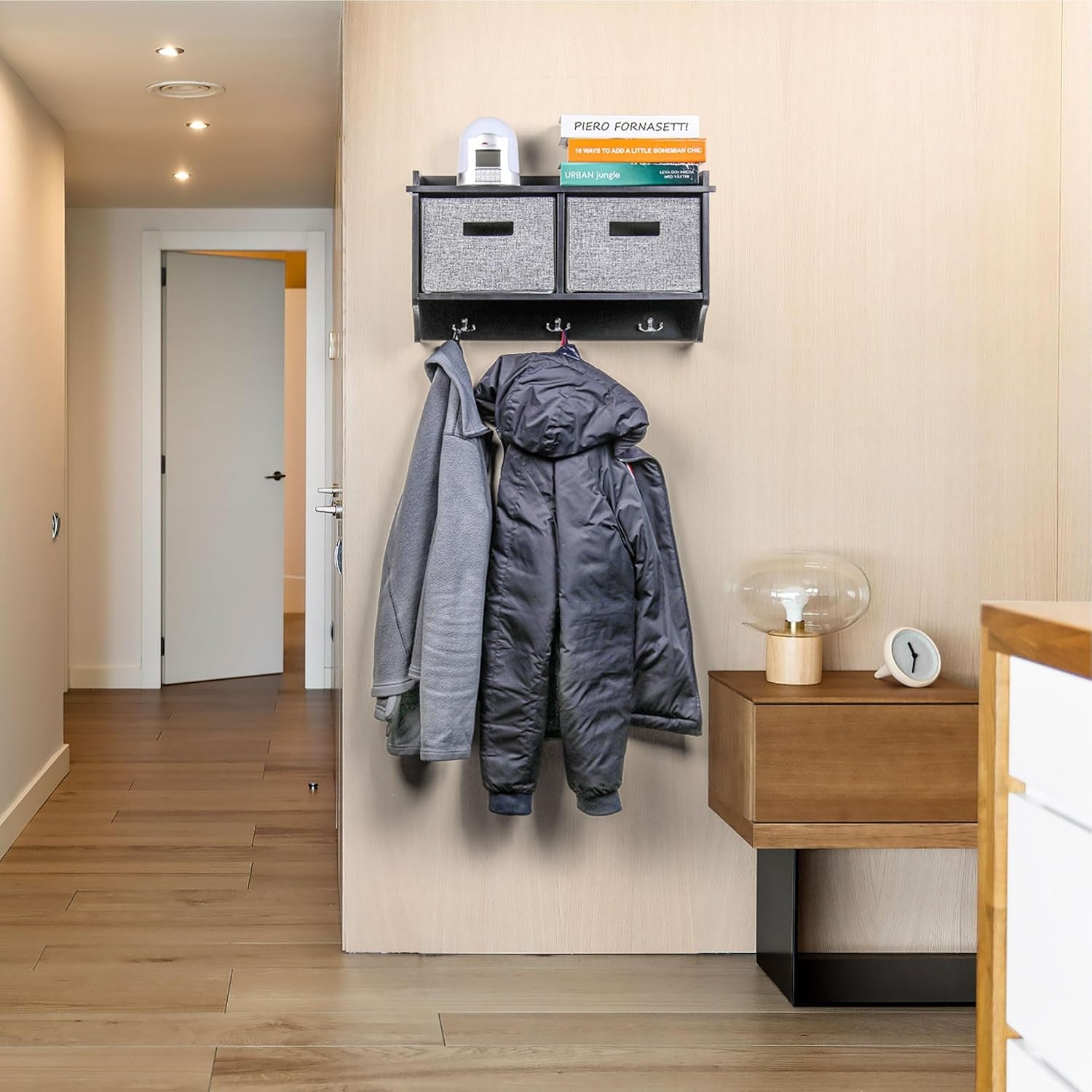 Black Wall Mounted Coat Rack | 3 Hooks with 2 Baskets Hallway Organizer