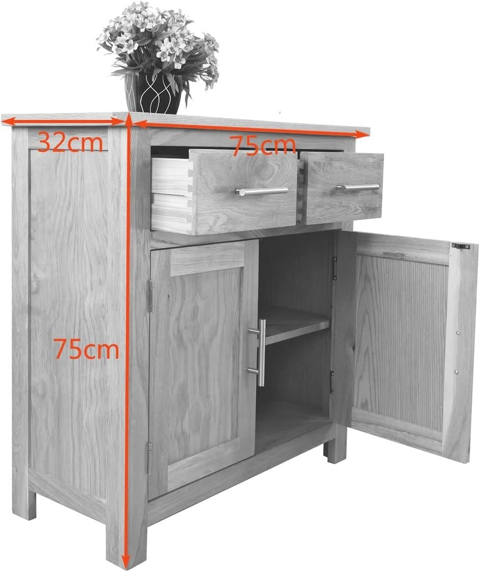 Compact Rustic Oak Sideboard Cabinet – 2 Drawers, 2 Doors, Solid Wood – 75cm