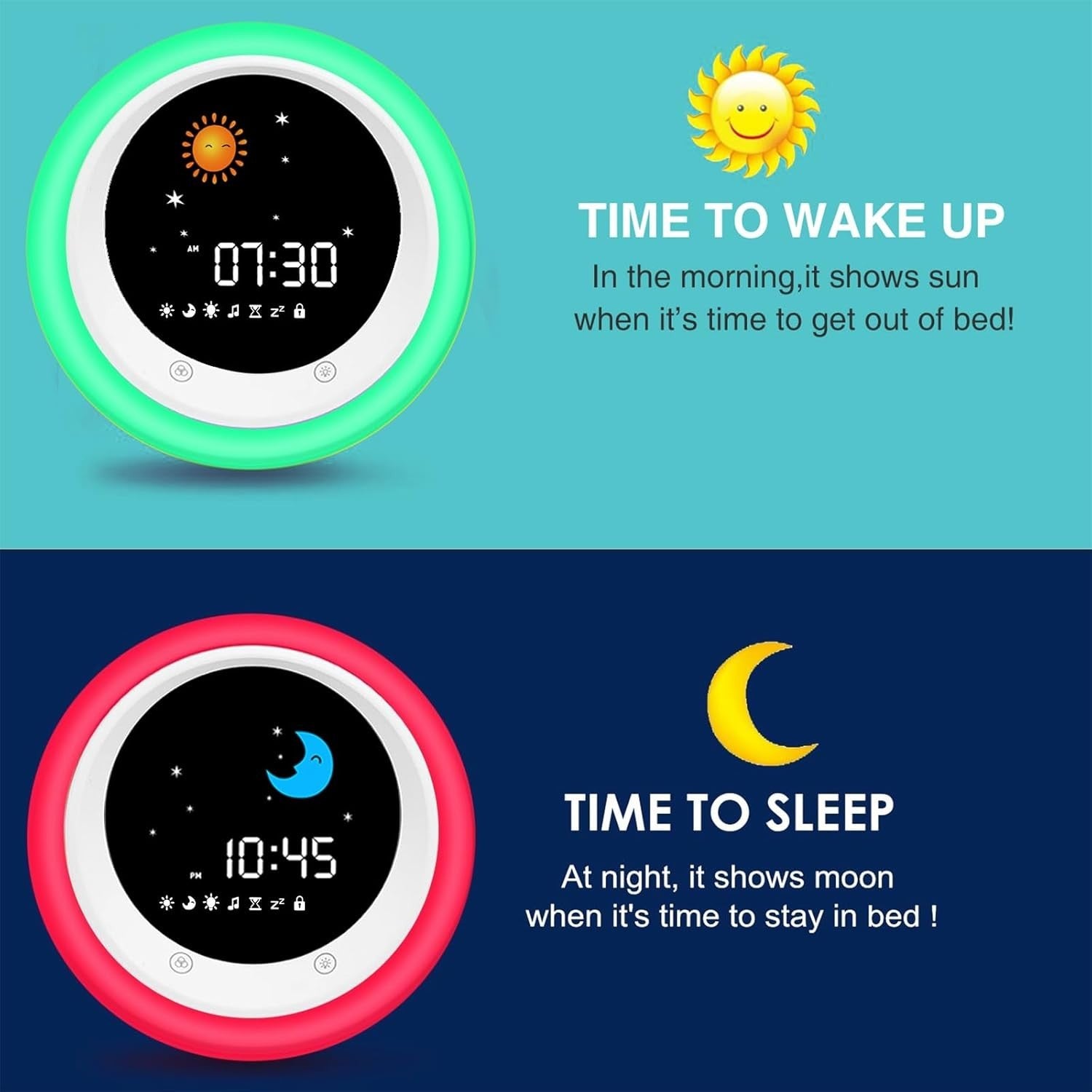 Kids Alarm Clock with Sleep Trainer, Night Light & Soothing Sounds – Wake Up