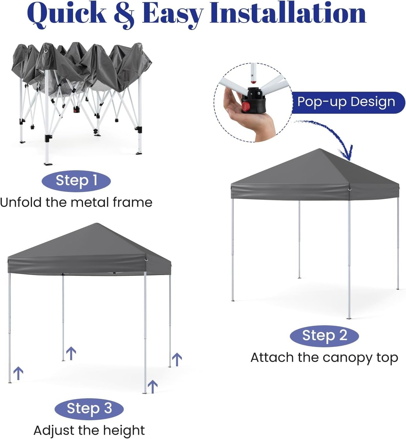2x2m Pop Up Gazebo Adjustable Waterproof Sun Shelter w/ Carry Bag Grey