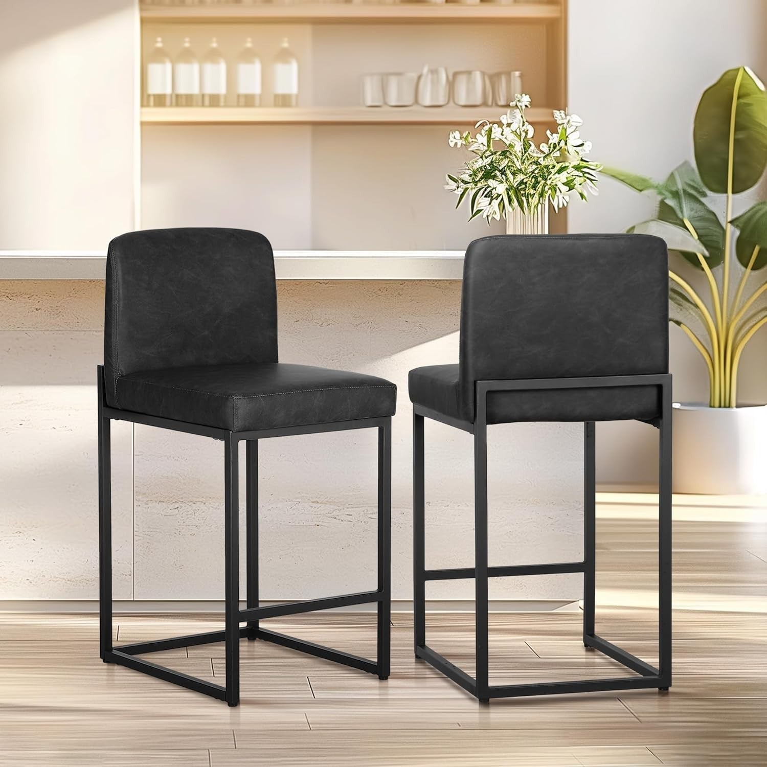 Black PU Leather Bar Stool Set of 2 Square Cushioned Kitchen Counter Chairs