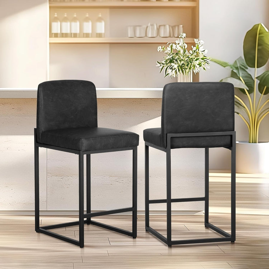 Black PU Leather Bar Stool Set of 2 Square Cushioned Kitchen Counter Chairs
