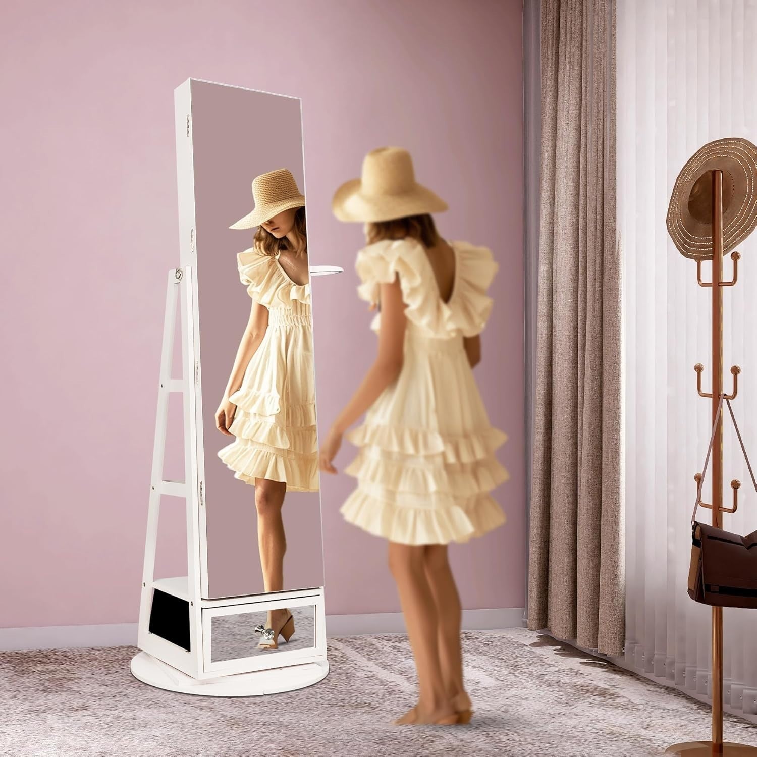 Lockable Full Length Mirror Jewellery Cabinet LED Storage 360° Rotating