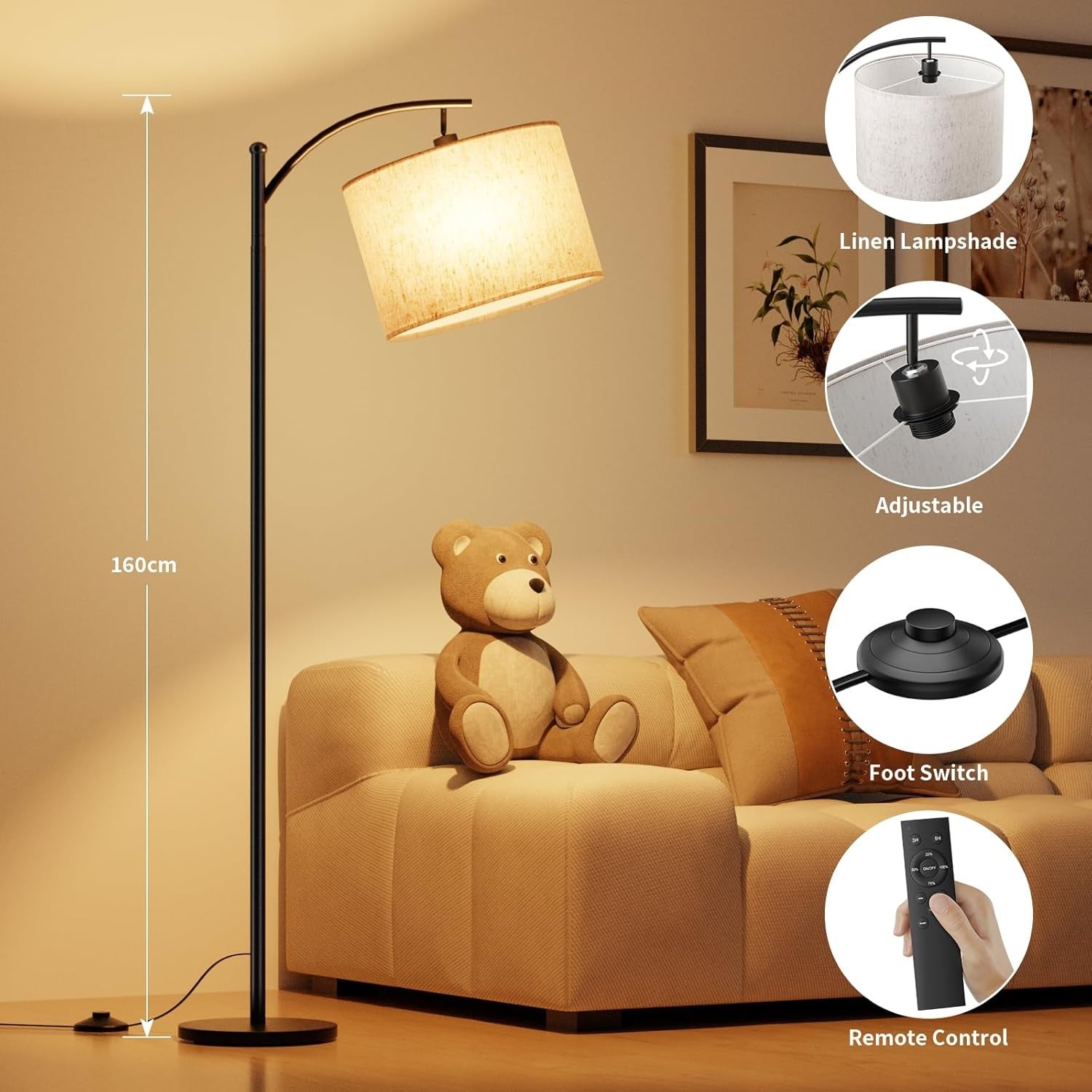 Arc Floor Lamp Remote Control Dimmable Reading Light Modern Standing Lamp