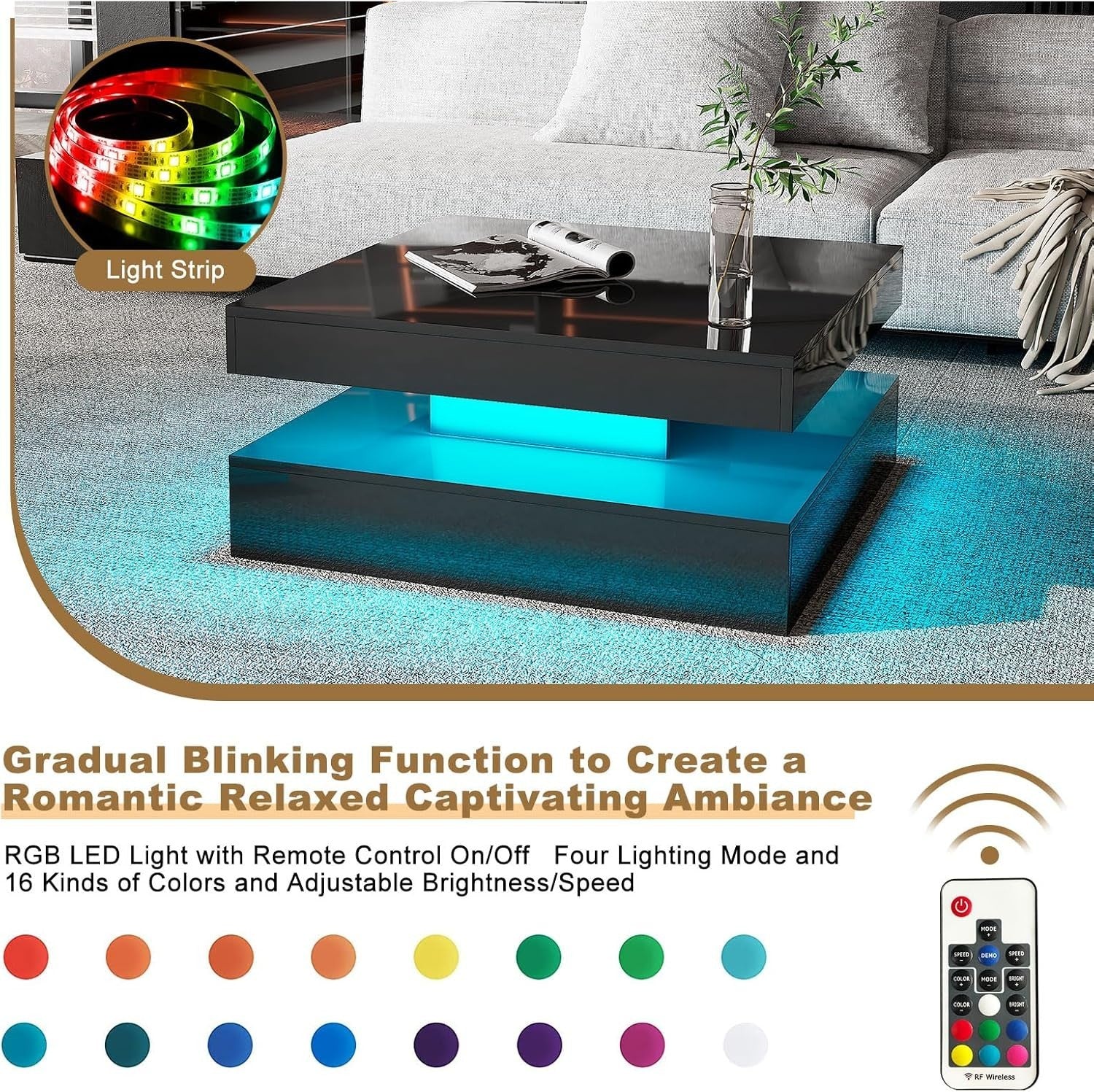 Black Glossy LED Coffee Table with Storage, 2-Tier Square 78x78cm