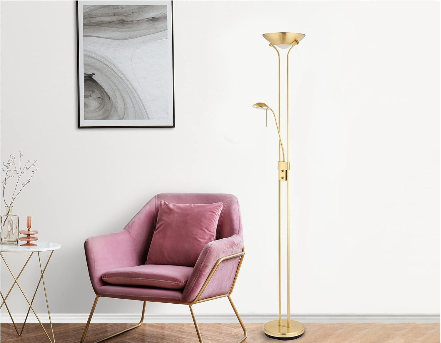Satin Brass Floor Lamp with Reading Light Dimmable 180cm Tall Uplighter
