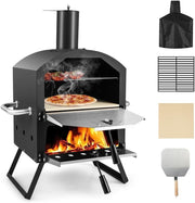 2-Tier Outdoor Wood Fired Pizza Oven BBQ Grill Cooker w Stone & Cover 54x31x72cm
