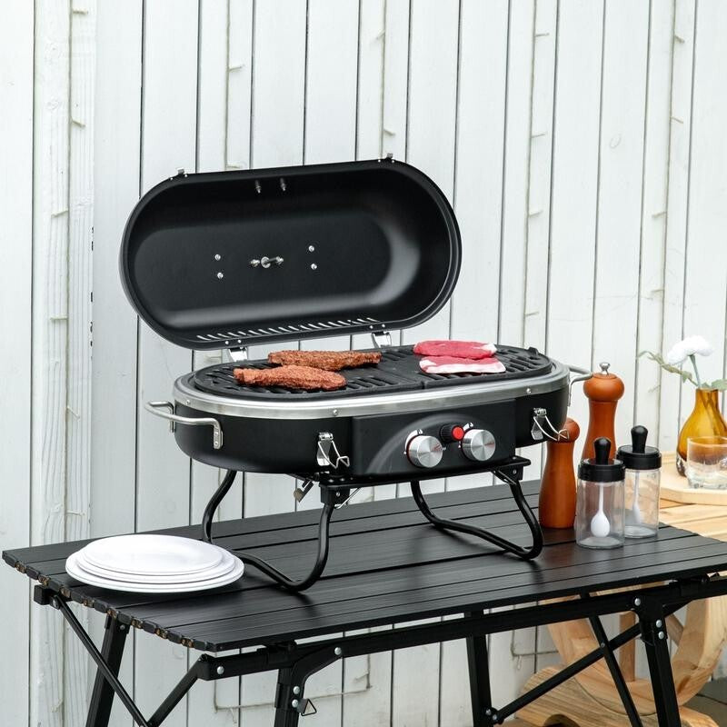 Foldable Tabletop Gas BBQ Grill 2 Burner w/ Lid, Thermometer, Regulator