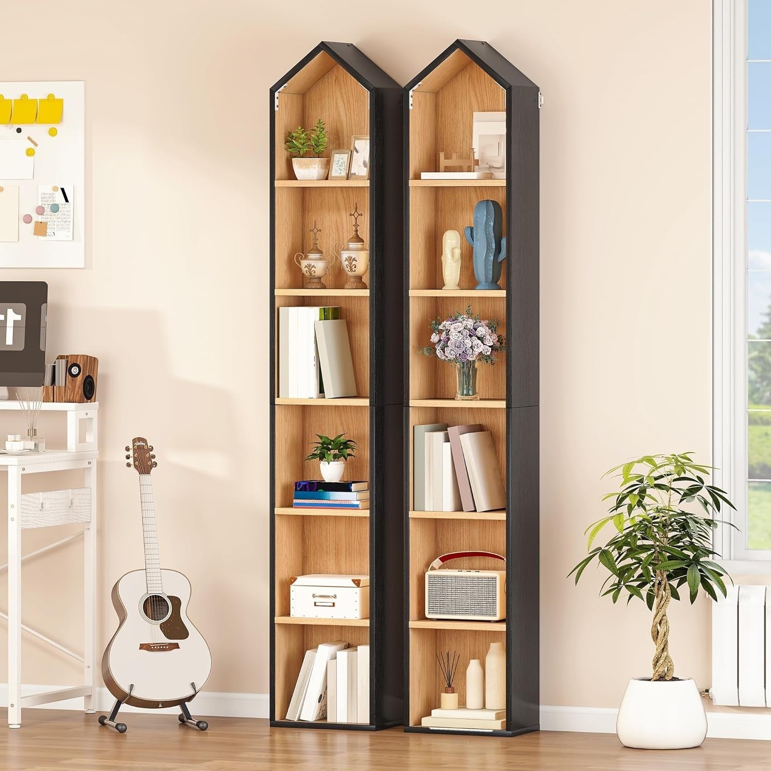 Slim 6-Tier Tall Bookcase White & Oak – Space Saving Display Shelf Unit