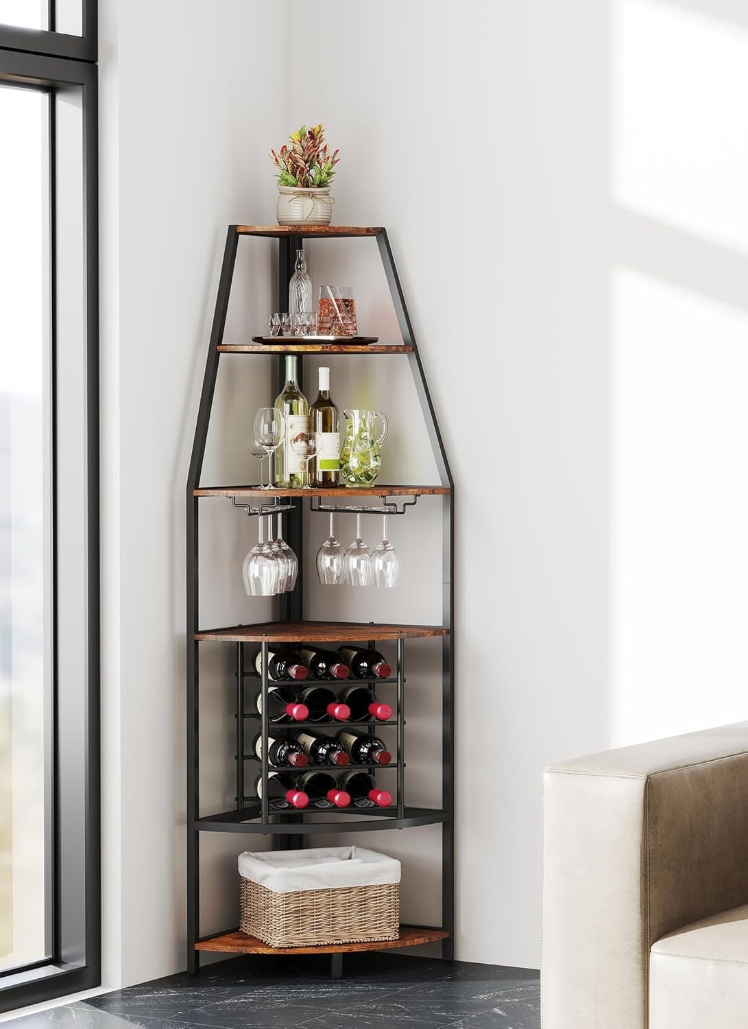 Corner Wine Bar Cabinet 5-Tier Industrial Wine Rack with Glass Holder
