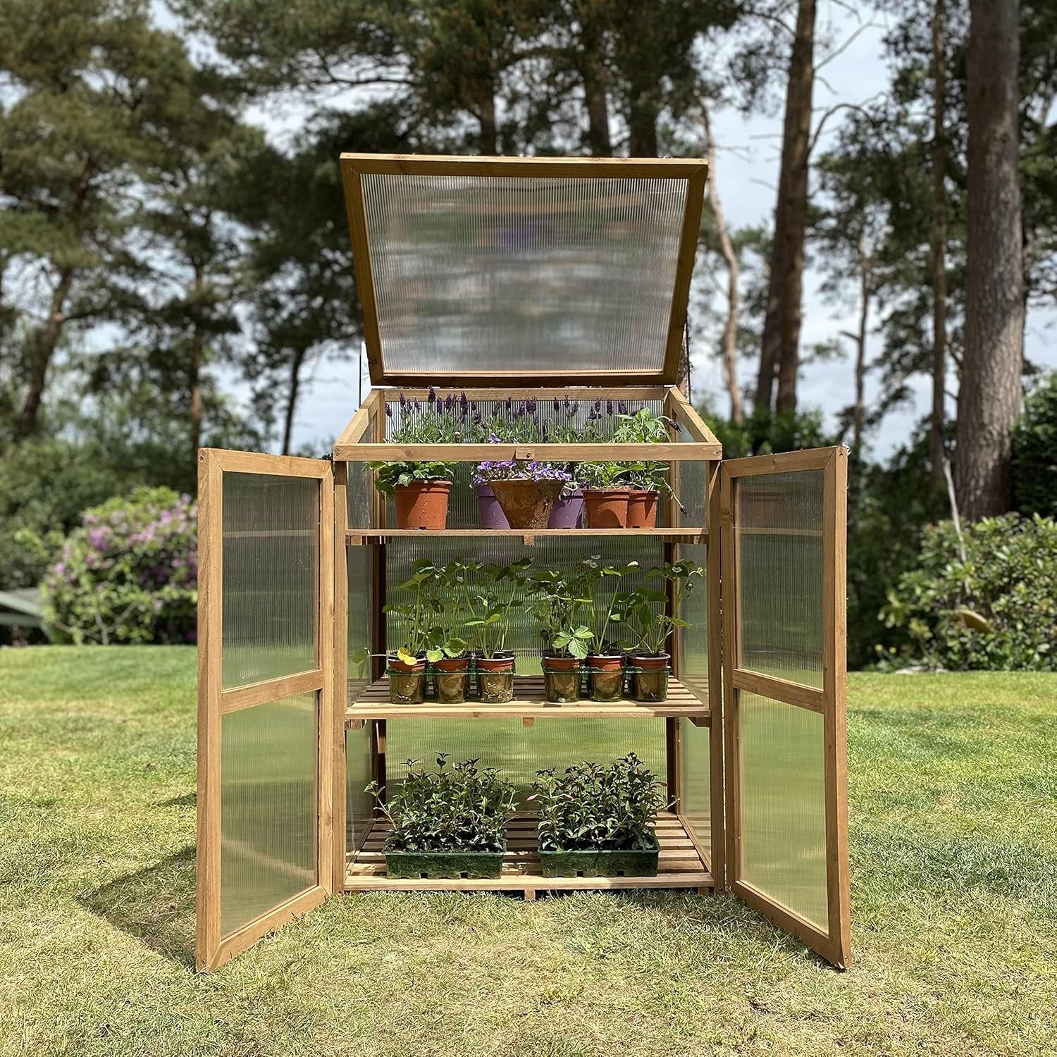 Wooden Framed Mini Greenhouse with Polycarbonate Panels & Double Doors