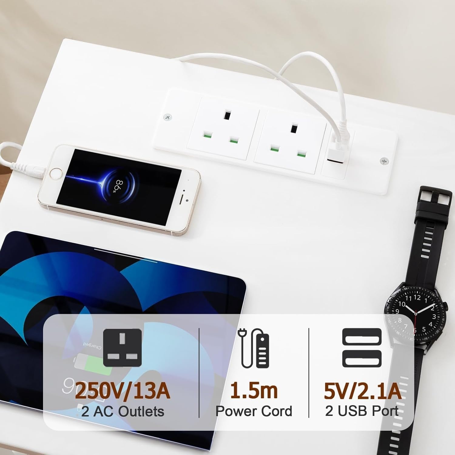 White LED Bedside Table with Charging Station | 3 Drawer Nightstand