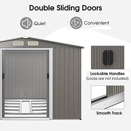 8x6FT Metal Garden Shed with Double Sliding Doors & Ventilated Ramp