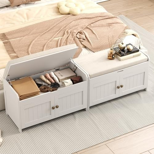 White Shoe Storage Bench with Cushion Seat 2-Door Cabinet Entryway 76x39x46cm