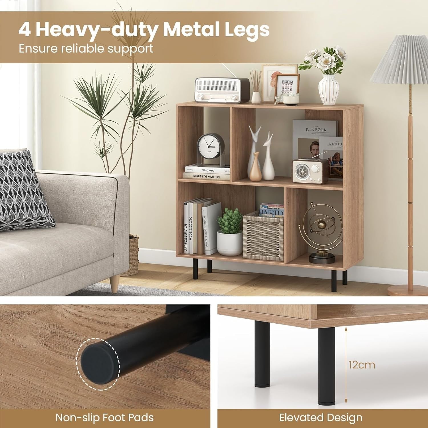 4-Cube Storage Bookcase Wooden Shelves Metal Legs Minimalist 90x30x90cm