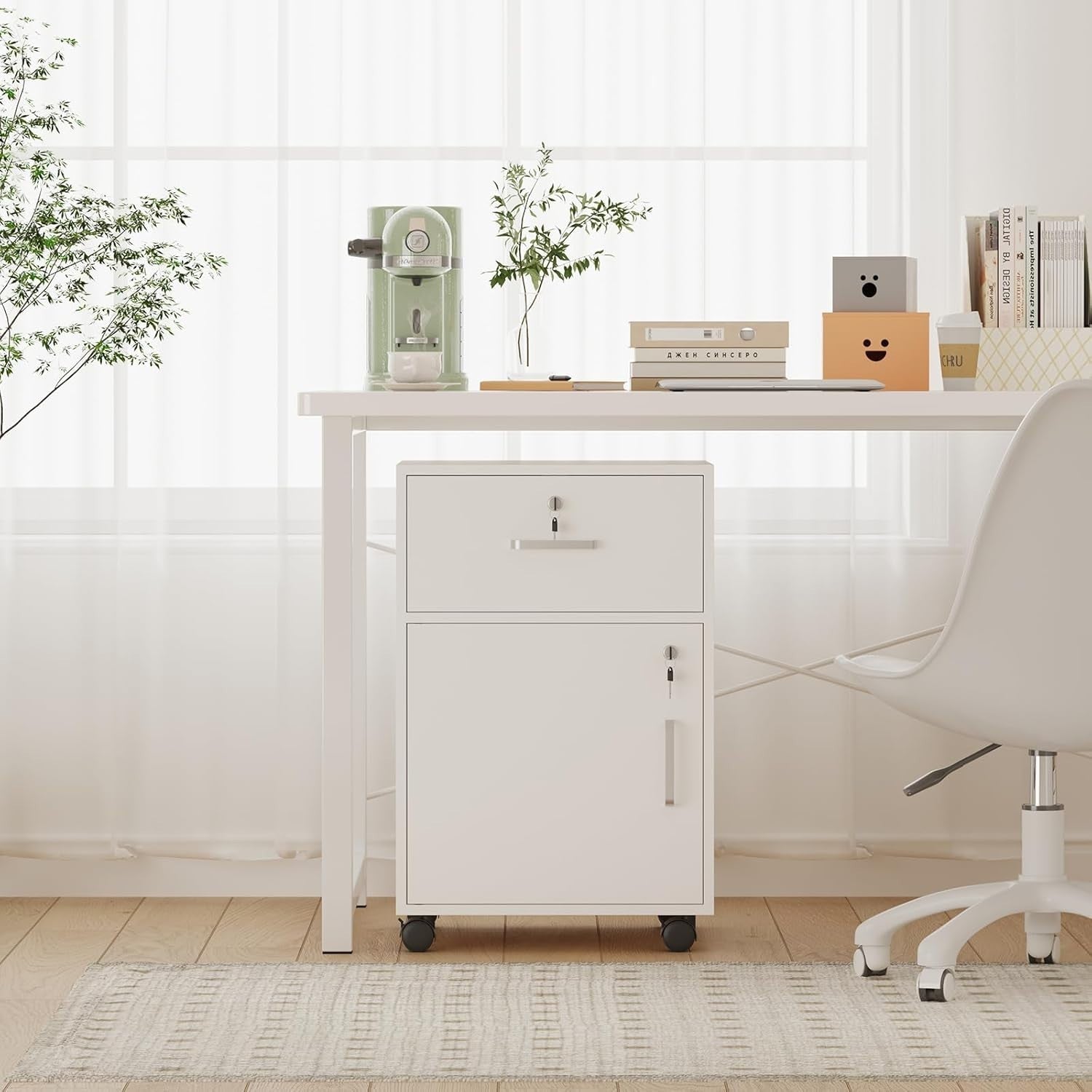 White Mobile Filing Cabinet Drawer Door Lockable A4 Under Desk on Wheels