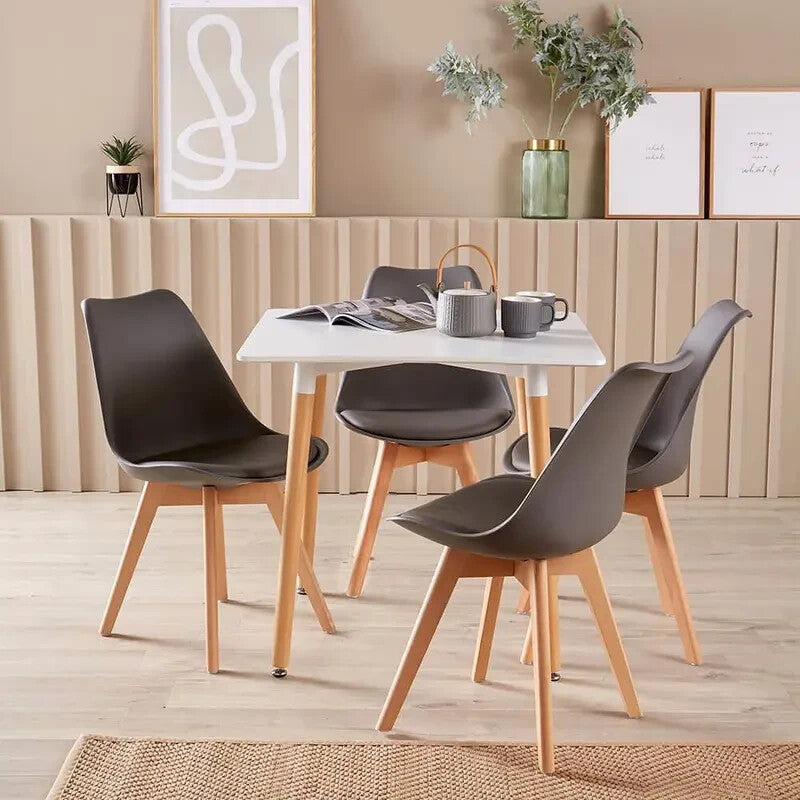 4 Seater Dining Table Set 80cm White Top with Grey Padded Chairs Wood Legs