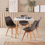4 Seater Dining Table Set 80cm White Top with Grey Padded Chairs Wood Legs