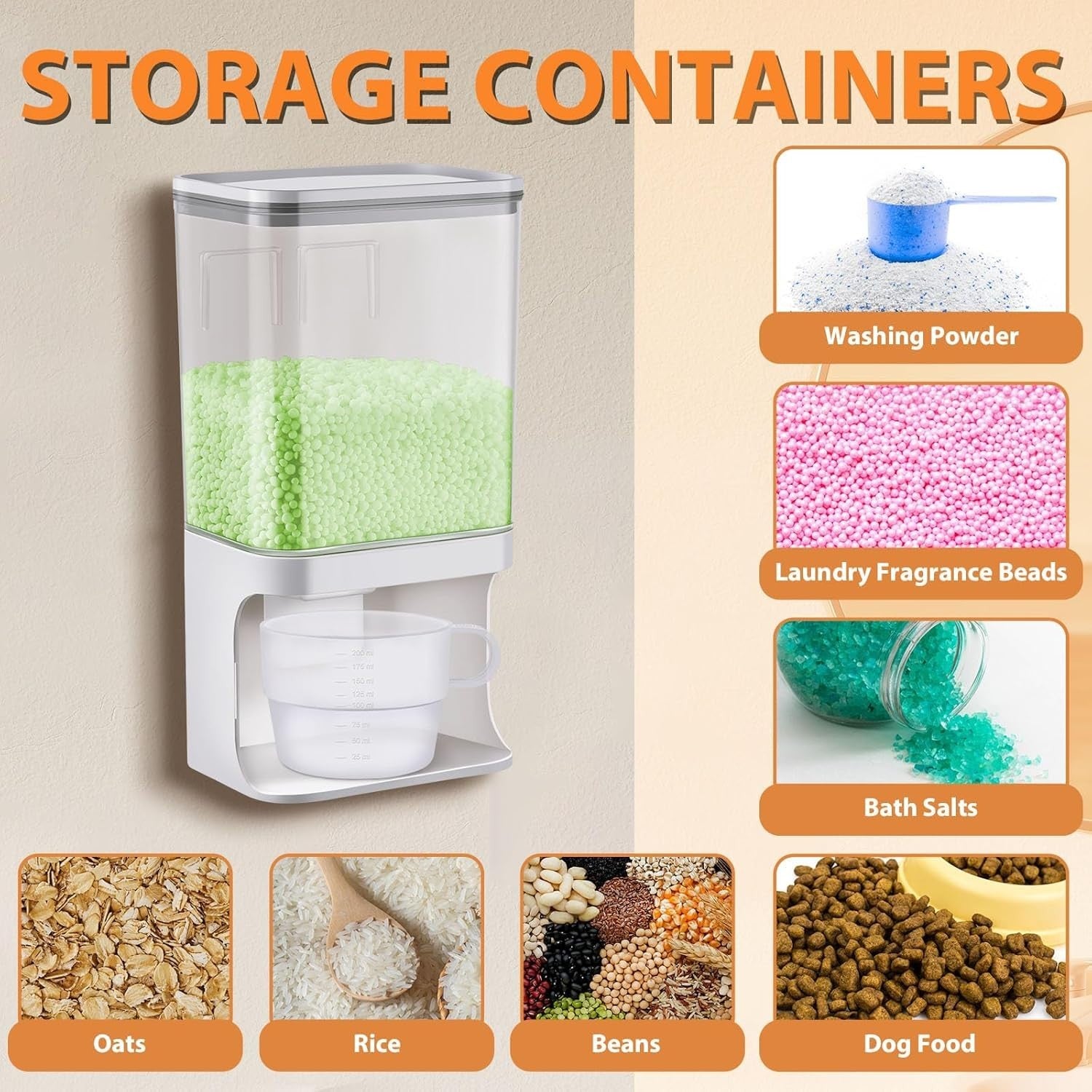 2PCS Wall Mounted Dispenser 1000ml Grain Rice Cereal Storage Container